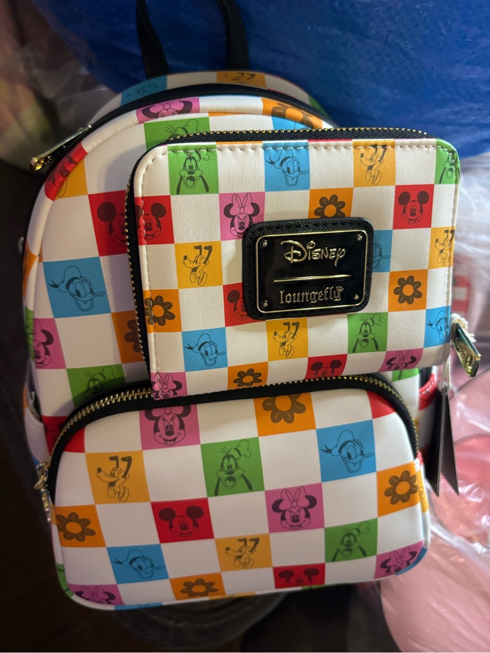 Loungefly Disney Multicolor Checkerboard Mini Backpack and wallet